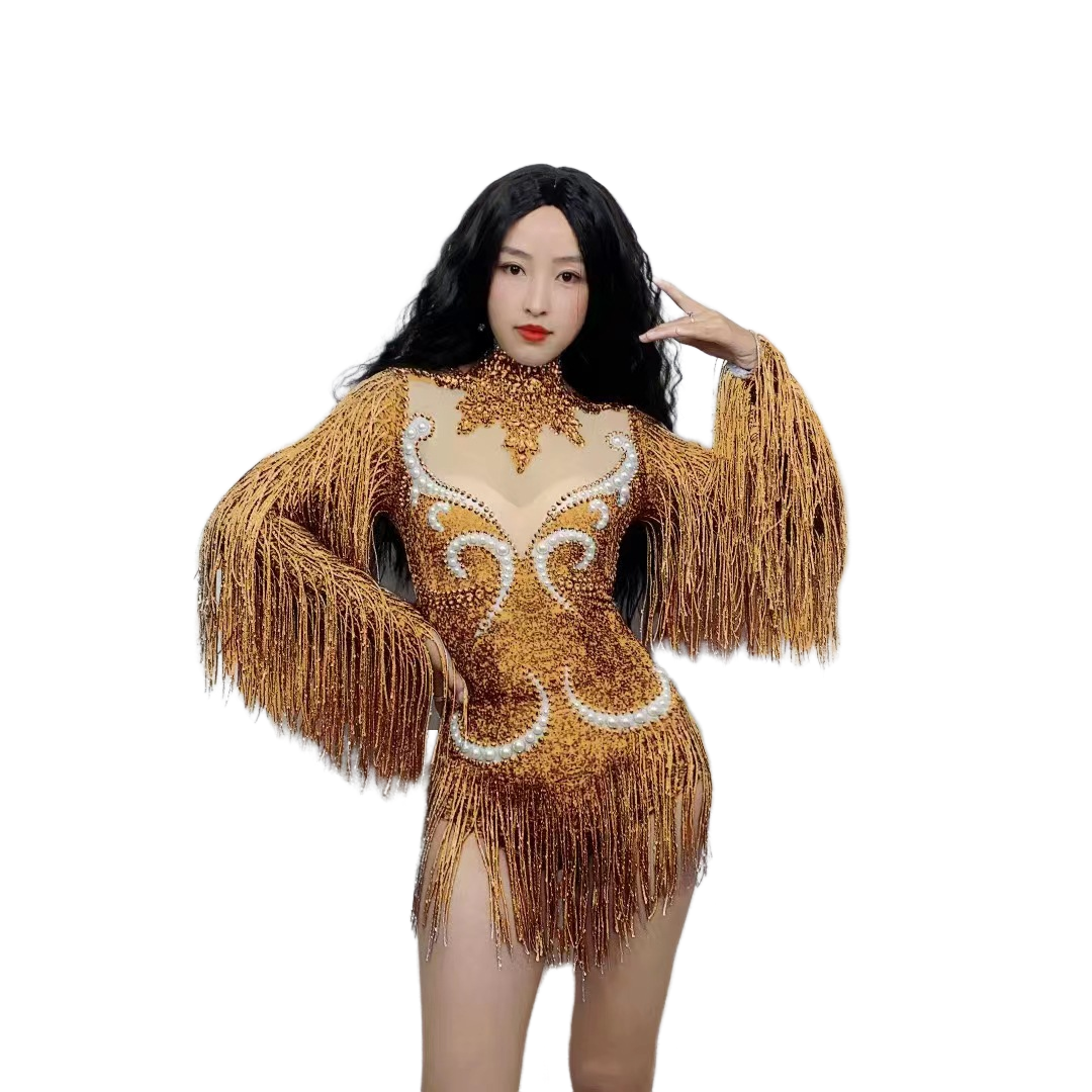 Sexual Stage Outfit Women's Rhinestone Pearl Fringe Long Sleeve Bodysuit Butterfly Mesh Performance Costume - Halloweez