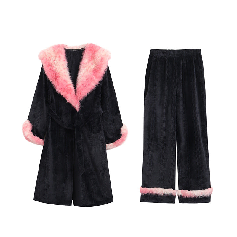 Leopard Print Contrast Color Flannel Robe Two-Piece Set: Cozy Winter Loungewear - Halloweez