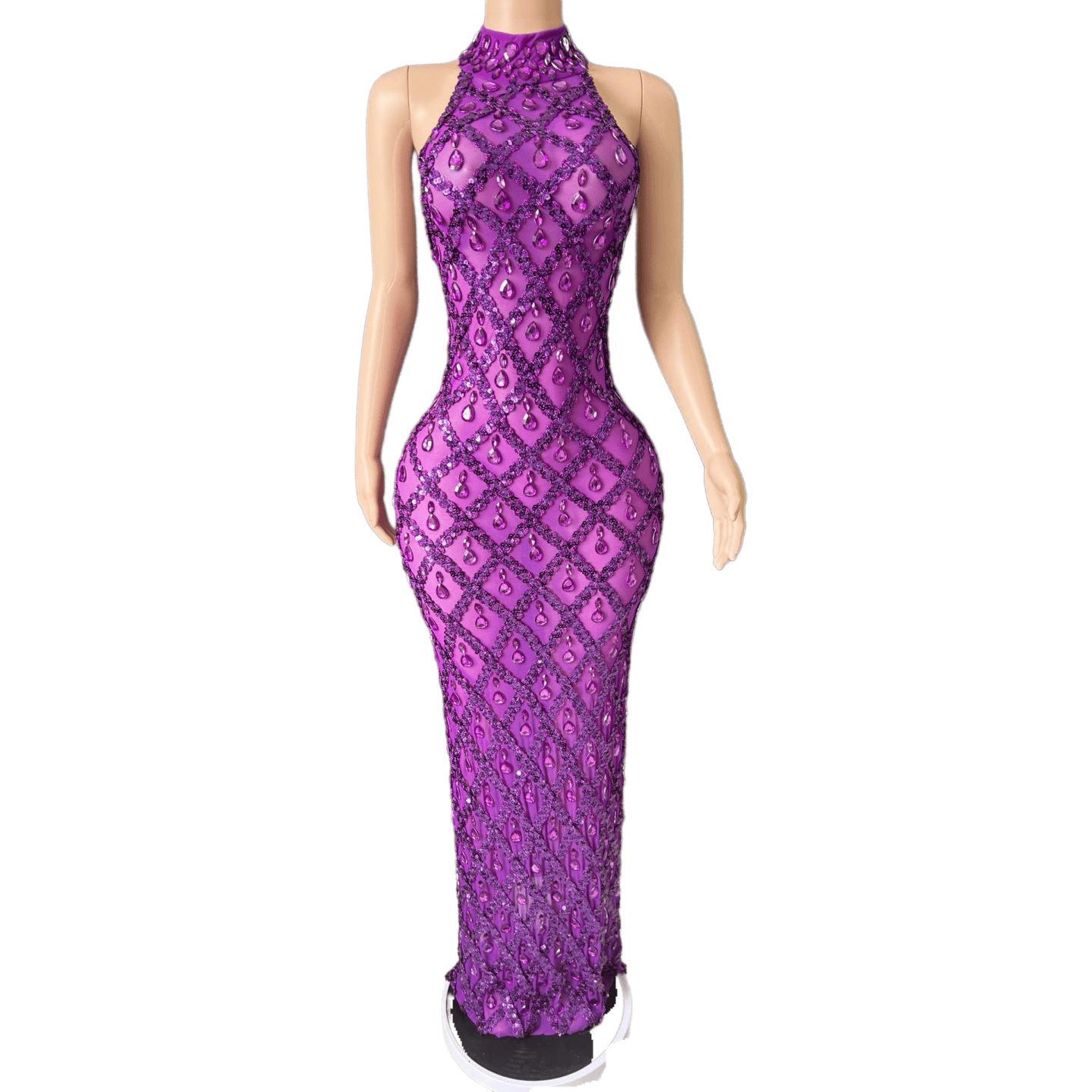 Sexy Black Long Rhinestone Mesh See-through Lattice Evening Gown for Party Cosplay - Halloweez