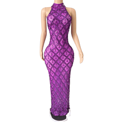 Sexy Black Long Rhinestone Mesh See-through Lattice Evening Gown for Party Cosplay - Halloweez