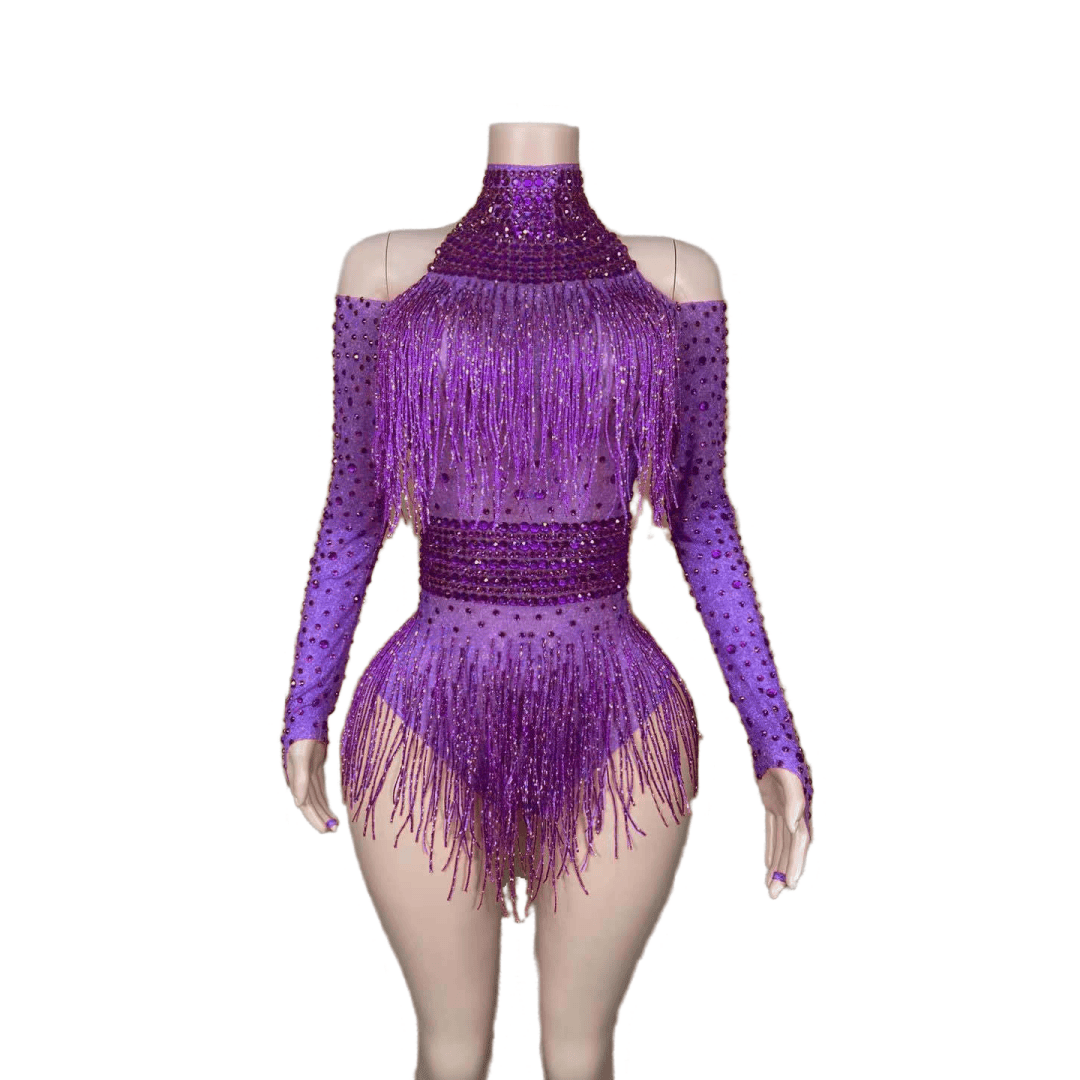 Red Fringe Bodysuit with Diamonds - Sparkling Performance Costume for Female Singers, Dance Teams, Nightclub Shows, and Stage Performances - Halloweez