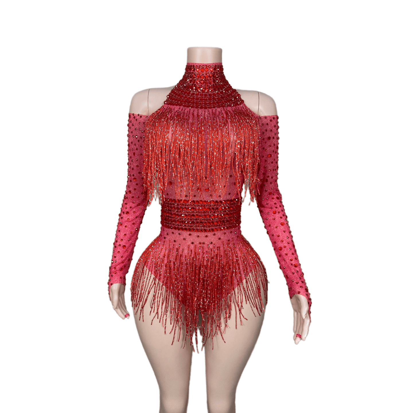 Red Fringe Bodysuit with Diamonds - Sparkling Performance Costume for Female Singers, Dance Teams, Nightclub Shows, and Stage Performances - Halloweez