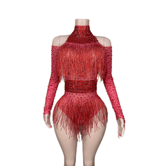 Red Fringe Bodysuit with Diamonds - Sparkling Performance Costume for Female Singers, Dance Teams, Nightclub Shows, and Stage Performances - Halloweez