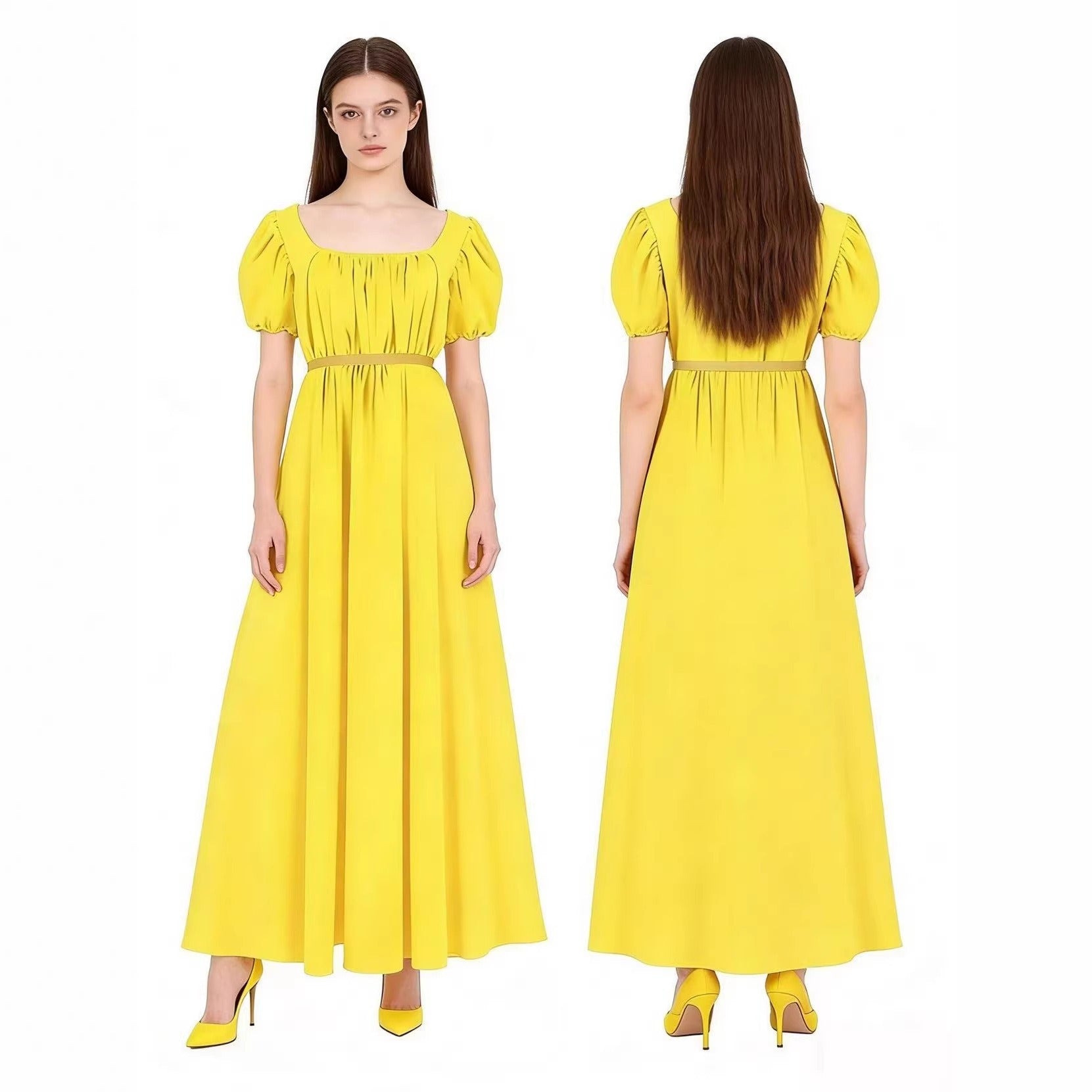Bridgerton Inspired Women’s Regency Dress – Square Neck Empire Waist Maxi Gown with Puff Sleeves for Renaissance Fair, Tea Party & Historical Cosplay - Halloweez