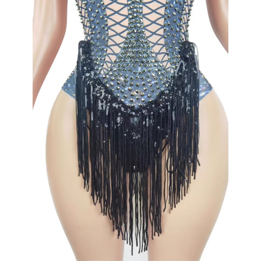 STOCK Singer Dance Rhinestone Elastic Pearl Black Bodysuit Performance Stage Costume Sexy Stage Outfit for Women - Halloweez