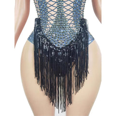 STOCK Singer Dance Rhinestone Elastic Pearl Black Bodysuit Performance Stage Costume Sexy Stage Outfit for Women - Halloweez