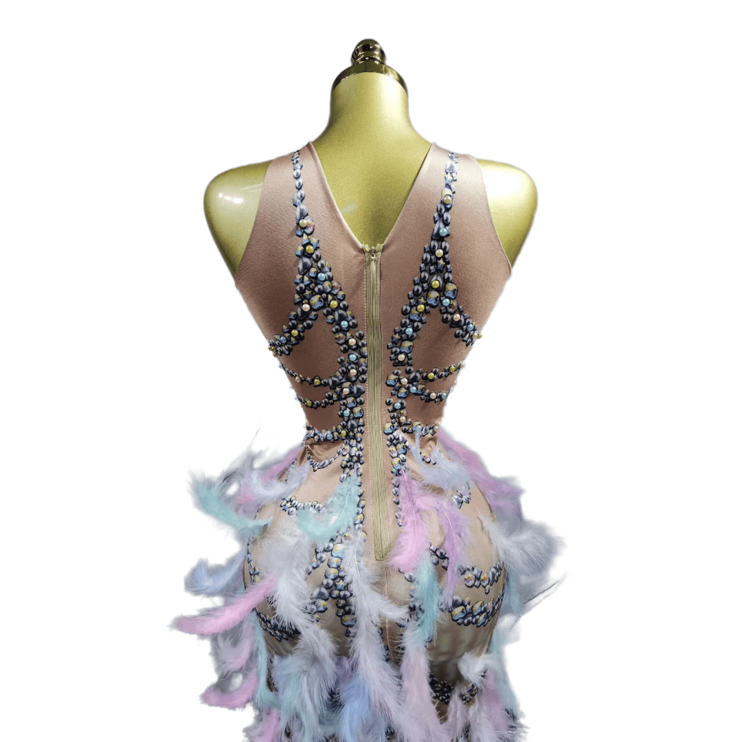 Colorful Feather Evening Gown Purple Party Dress with Pearls Rhinestones for Cosplay Halloween Costume - Halloweez