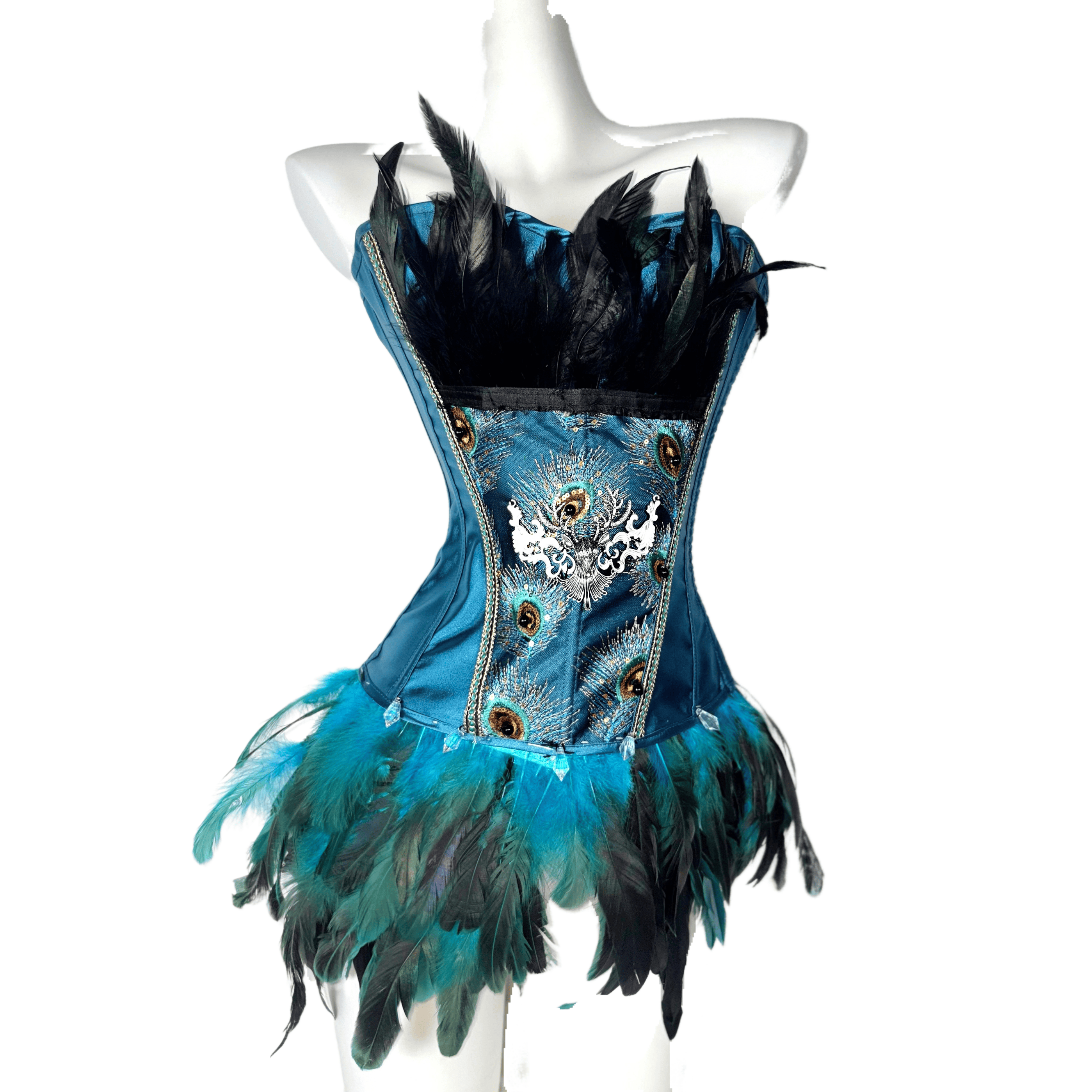 TDH Original Handmade Blue Green Peacock Gothic Dark Lace-Up Drawstring Feather Bustier Affordable Corset Top for Cosplay - Halloweez