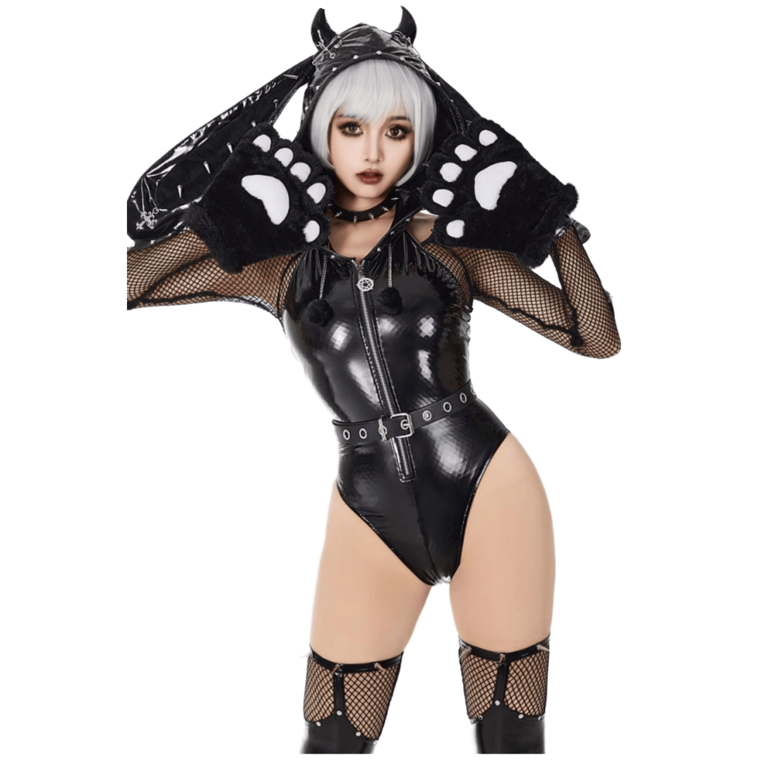 Original Gothic Demon Bunny Jumpsuit with Large Claws - Halloween Cosplay Costume for Women and Men - Halloweez