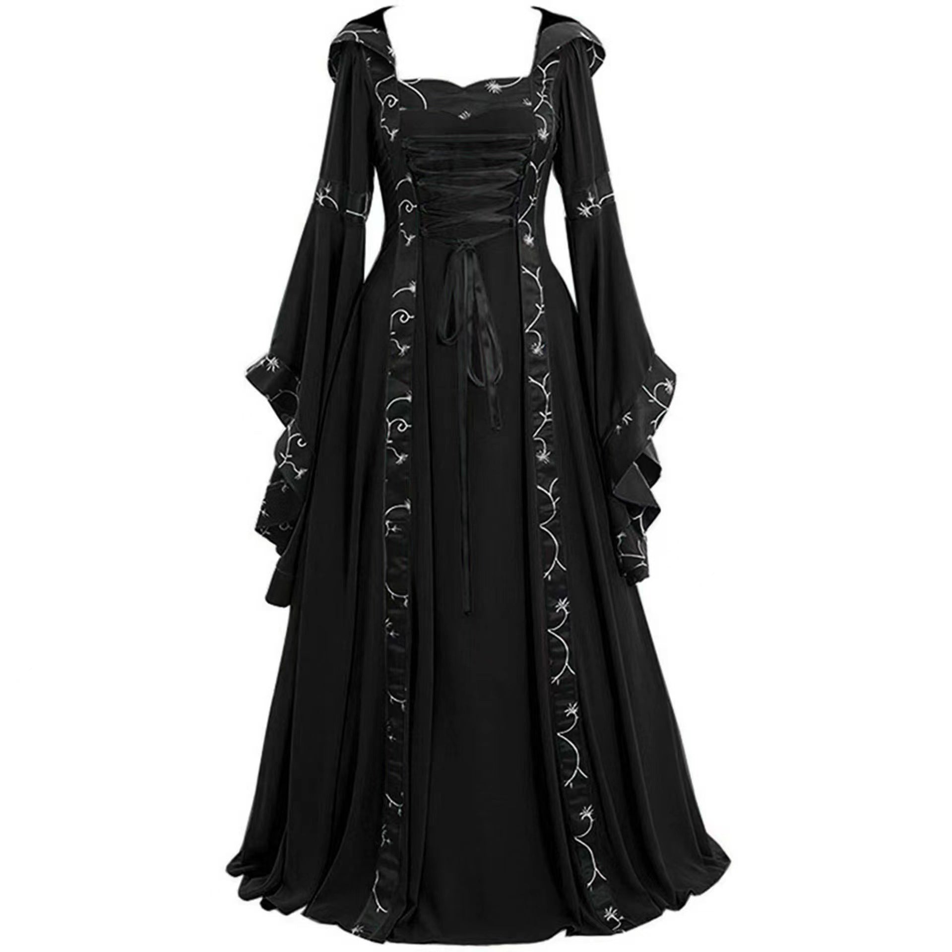 Medieval Gothic Victorian Retro Renaissance Dress with Hood and Lace-up for Women - Halloweez