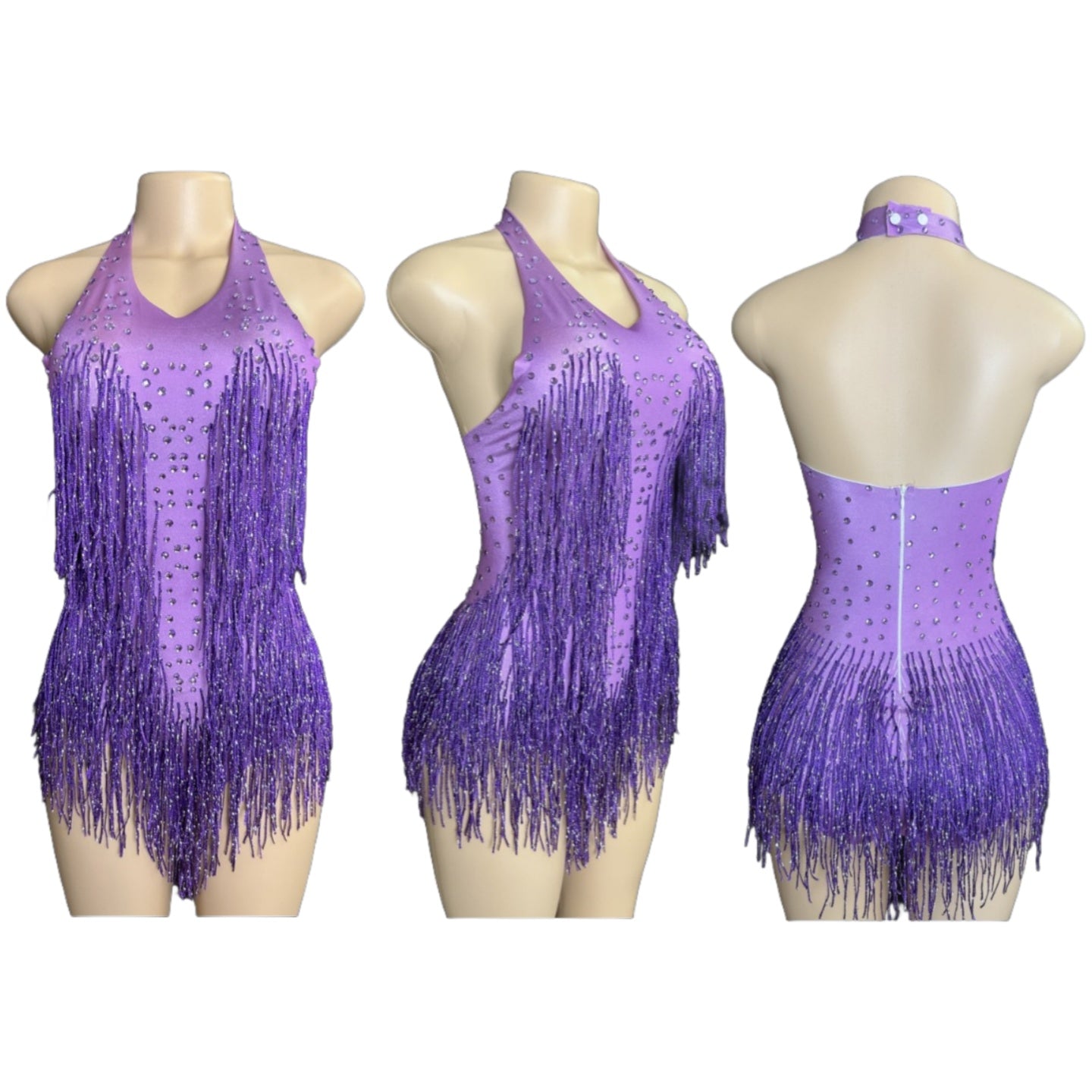 Latin Dance Halter Bodysuit with Fringe and Rhinestones - White Dance Performance Costume for Women - Halloweez