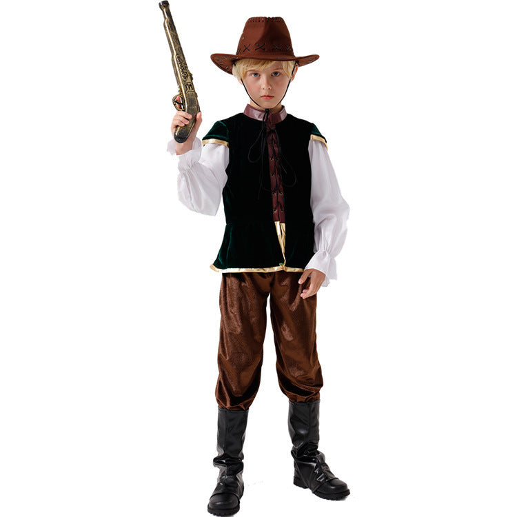2025 New European and American Wide Brim Hat Western Cowboy Children's Medieval Stage Performance Costume Cosplay Costume - Halloweez