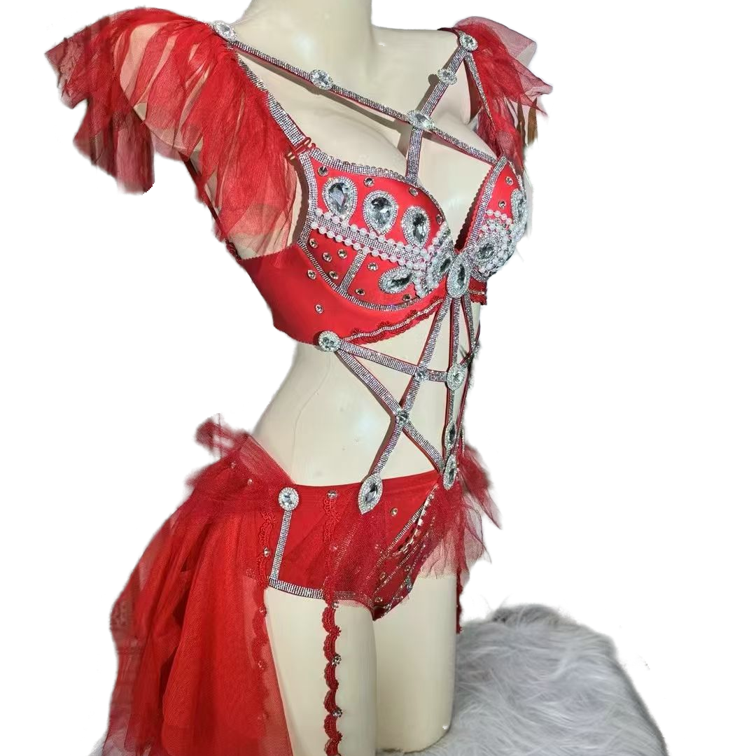 Sexy Go-Go Dancer Costume for Electronic Music Festival Performance, Red Strapless Stage Outfit for Female Singers and Dance Groups - Halloweez