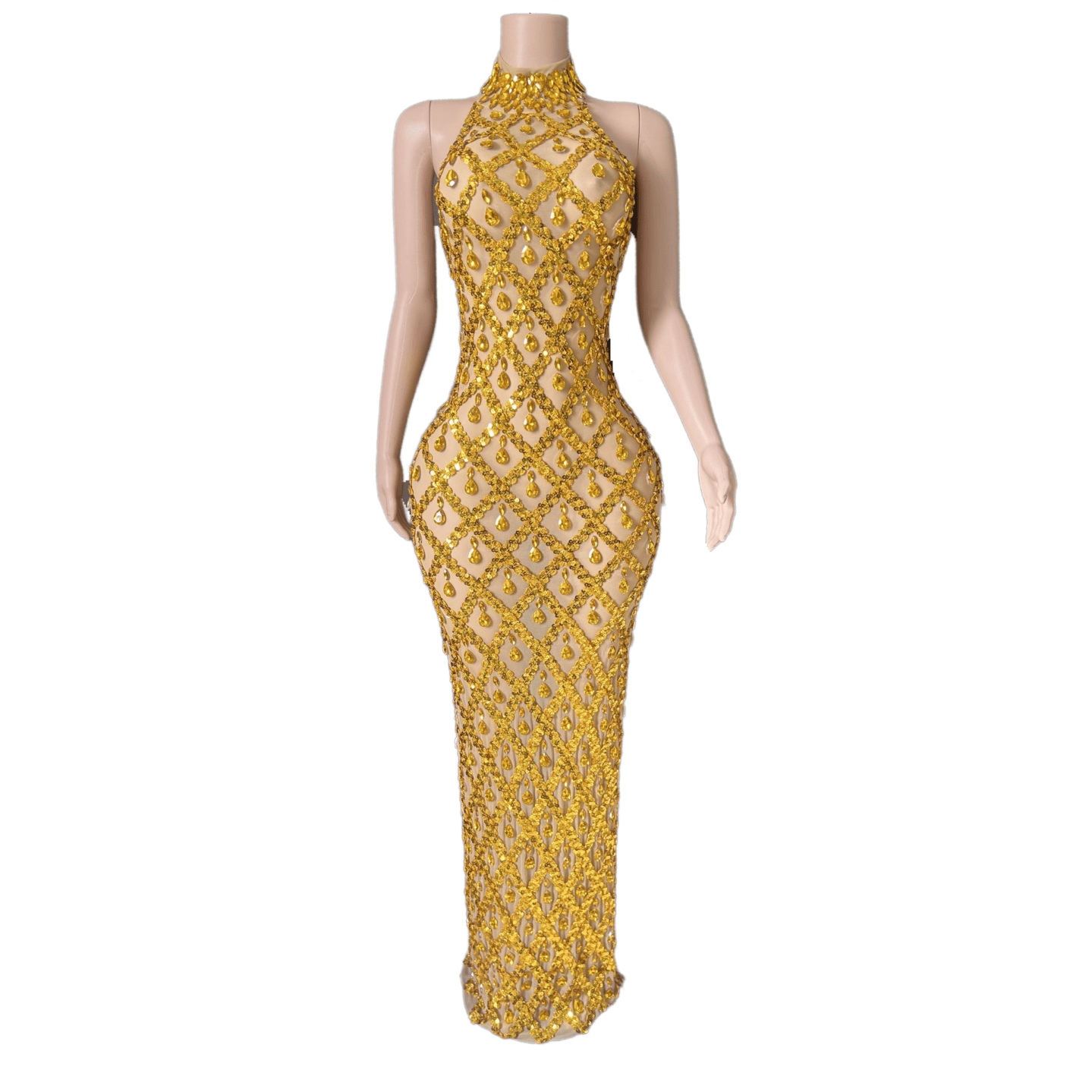 Sexy Black Long Rhinestone Mesh See-through Lattice Evening Gown for Party Cosplay - Halloweez