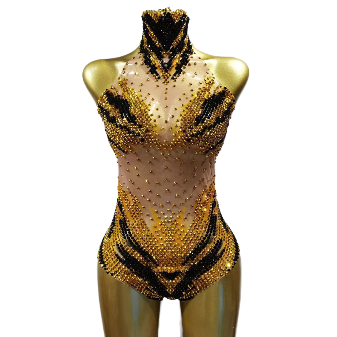 New Gold Sequin Sexy Bodysuit Futuristic Warrior Costume for Girl Group Performance, Party Show, Cosplay - Halloweez