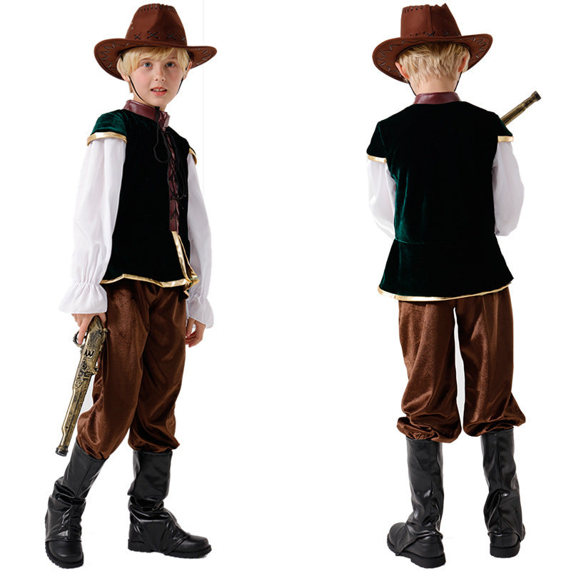 2025 New European and American Wide Brim Hat Western Cowboy Children's Medieval Stage Performance Costume Cosplay Costume - Halloweez