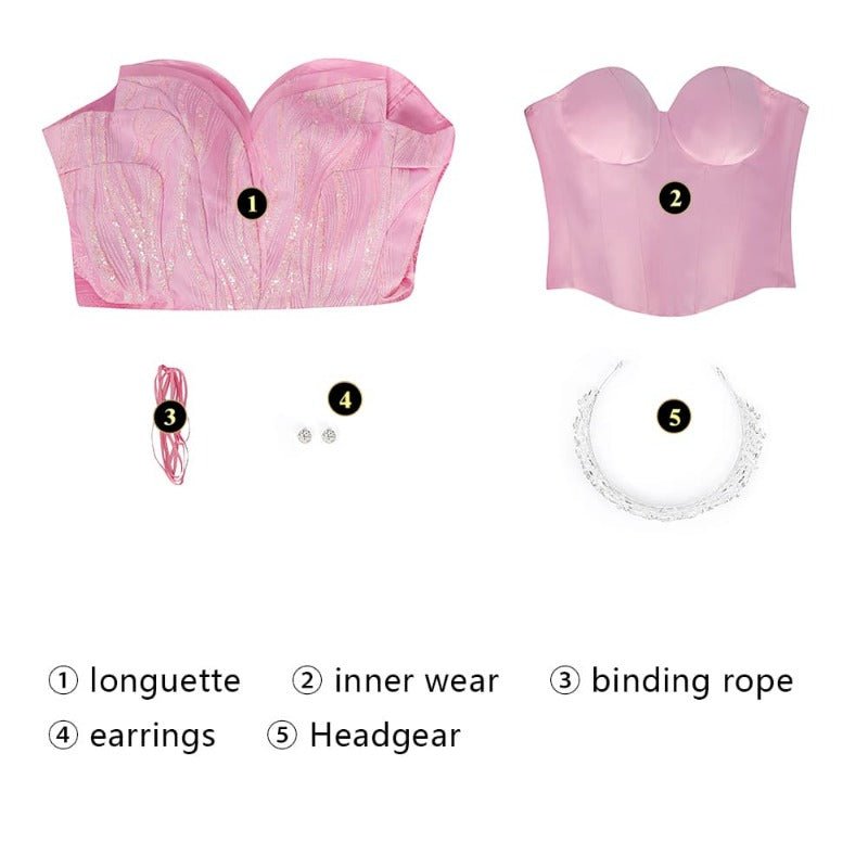 Elegant Wicked Glinda Cosplay Costume - Crown, Earrings, Corset, Skirt, Pink Dress for Halloween - Coscosmos