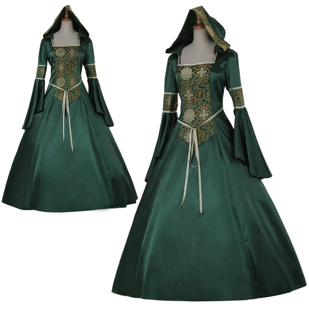 Elegantes vestidos de noche medievales de estilo gótico victoriano para damas: vestidos de noche de estilo medieval de Halloween en verde