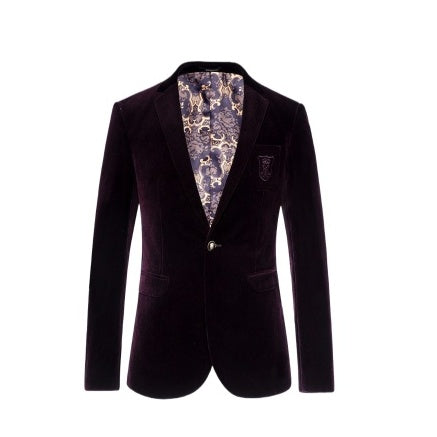 Men's Burgundy Velvet Blazer Suit Jacket - Slim Fit British Style Korean Fashion Business Casual Formal Wear Outerwear - Halloweez