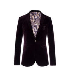 Men's Burgundy Velvet Blazer Suit Jacket - Slim Fit British Style Korean Fashion Business Casual Formal Wear Outerwear - Halloweez