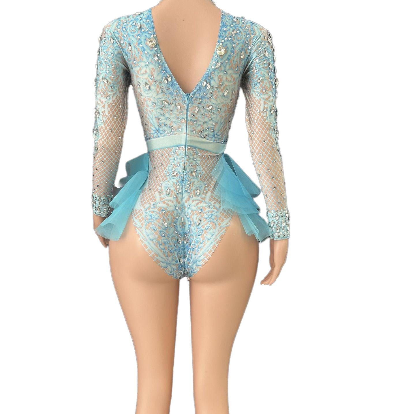 GC Singer Dance Rhinestone Stretchy Slimming Pink Mesh Bodysuit Stage Performance Costume Female Flash Diamond Girl Group - Halloweez