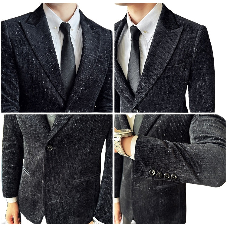 Men's Velvet Blazer with Shimmer Stripe - Elegant Cosplay Suit for Stage Performance, Halloween, and Parties - Halloweez