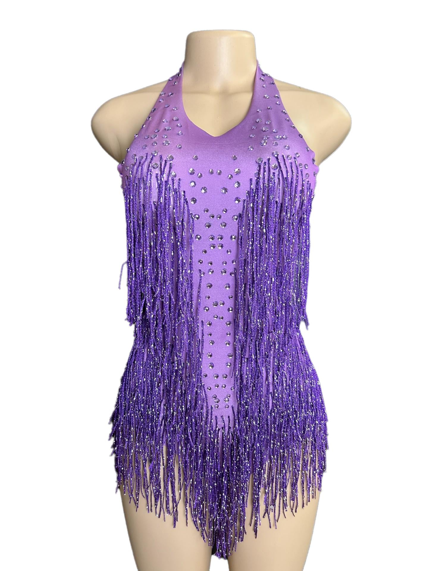 Latin Dance Halter Bodysuit with Fringe and Rhinestones - White Dance Performance Costume for Women - Halloweez