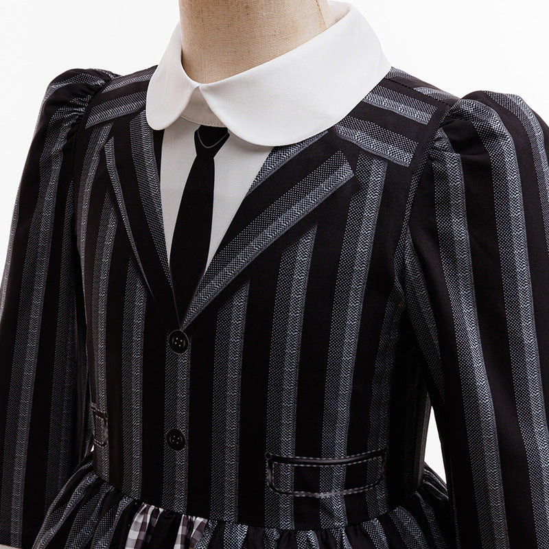 Halloween Dress for Girls Cosplay Addams Family Wednesday Heroine Stripe Fake Two-Piece Princess Dress - Halloweez