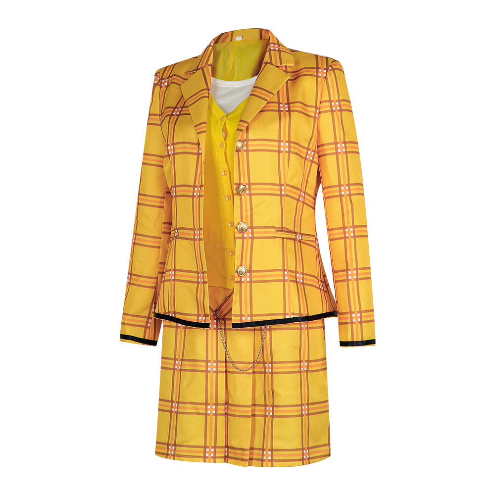Clueless Movie Cher Horowitz Cosplay Costume Yellow Plaid Skirt Suit Uniform