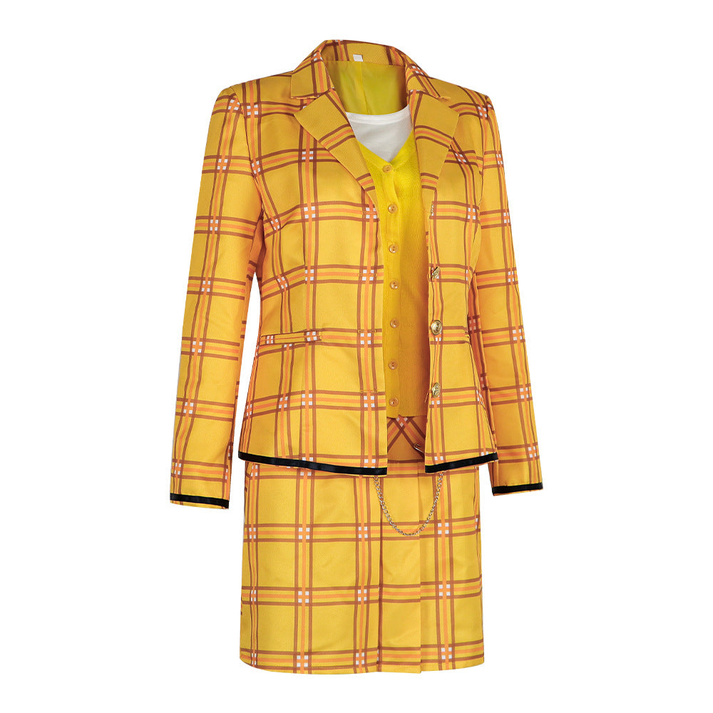 Clueless Movie Cher Horowitz Cosplay Costume Yellow Plaid Skirt Suit Uniform