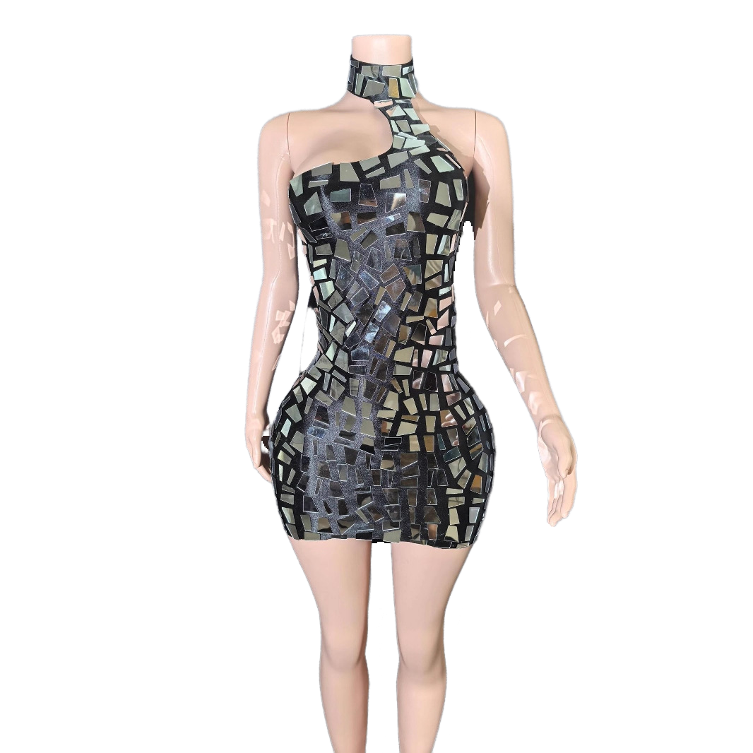 Sexy Reflective Mirror Halter Tube Top Mini Skirt Bodycon Dress for Cosplay Party Clubwear - Halloweez