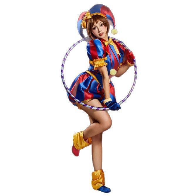 Harley Quinn Jester Costume - Red & Blue Clown Cosplay Outfit with Hat Gloves Socks for Halloween - Halloweez