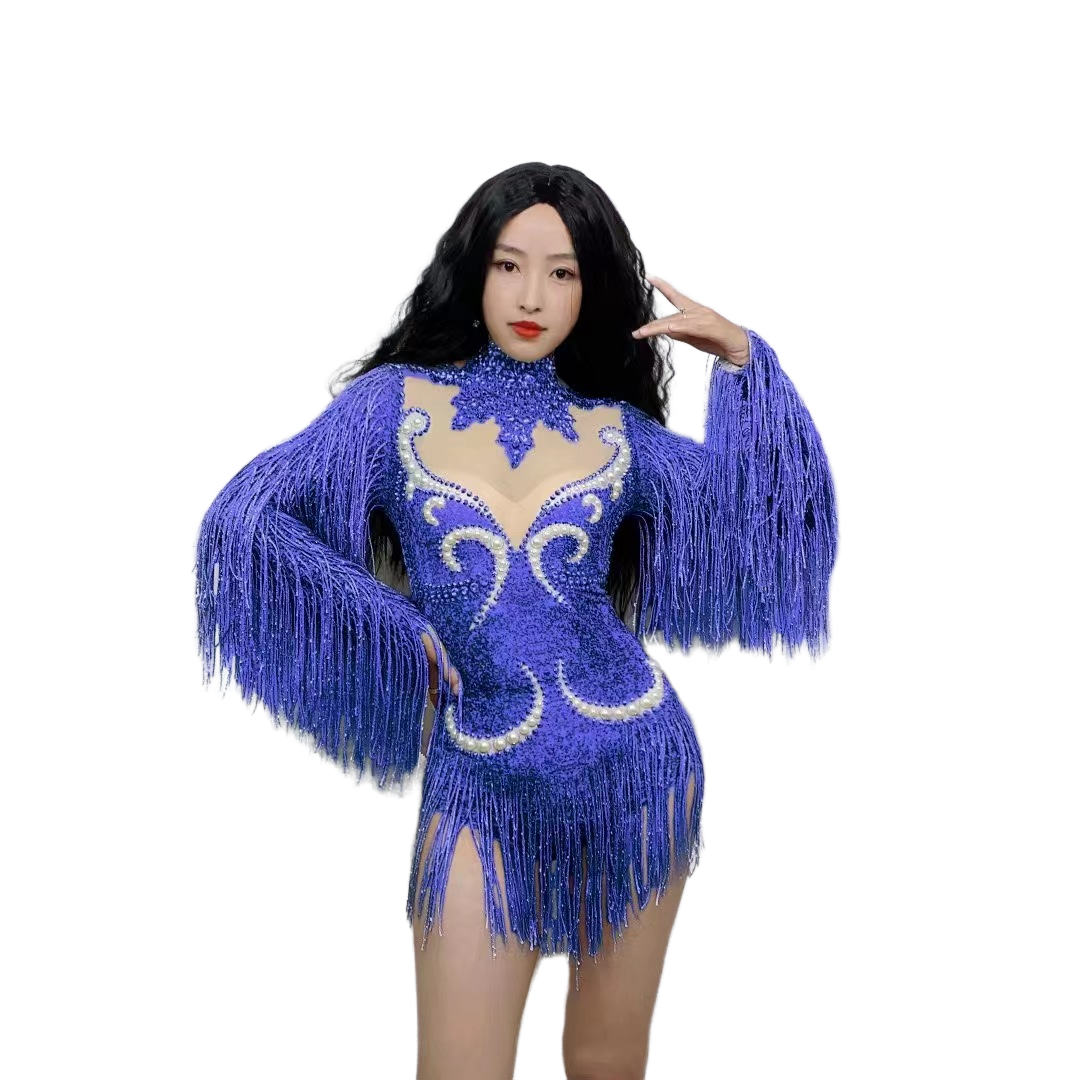 Sexual Stage Outfit Women's Rhinestone Pearl Fringe Long Sleeve Bodysuit Butterfly Mesh Performance Costume - Halloweez