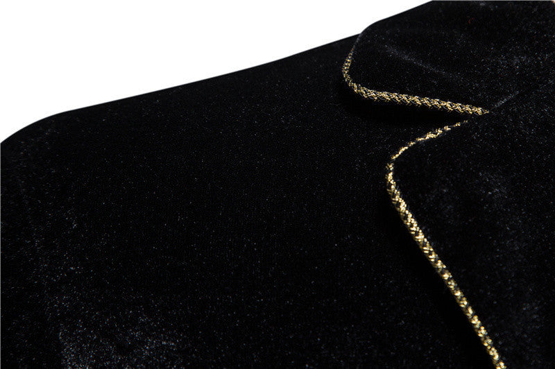 2025 Spring Summer New Men's Velvet Gold Trim Double Breasted Suit Set Formal Wear Performance Costume - Halloweez