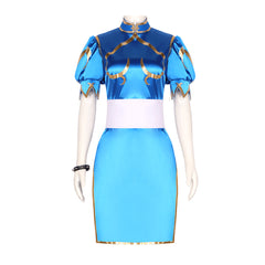 Arcade Street Fighter Chun-Li Blue Cheongsam Cosplay Costume for Halloween and Performance - Halloweez