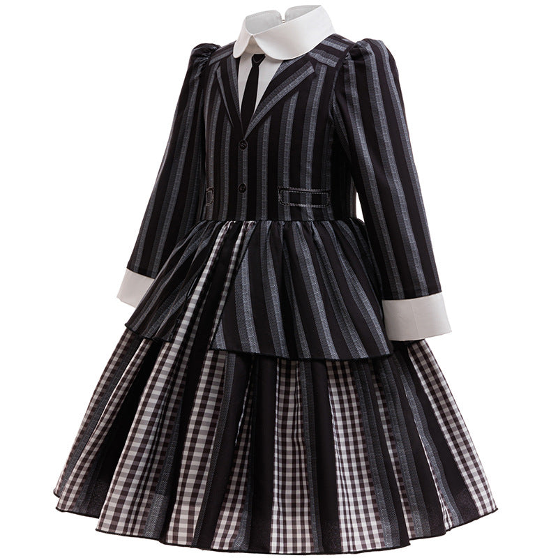 Halloween Dress for Girls Cosplay Addams Family Wednesday Heroine Stripe Fake Two-Piece Princess Dress - Halloweez