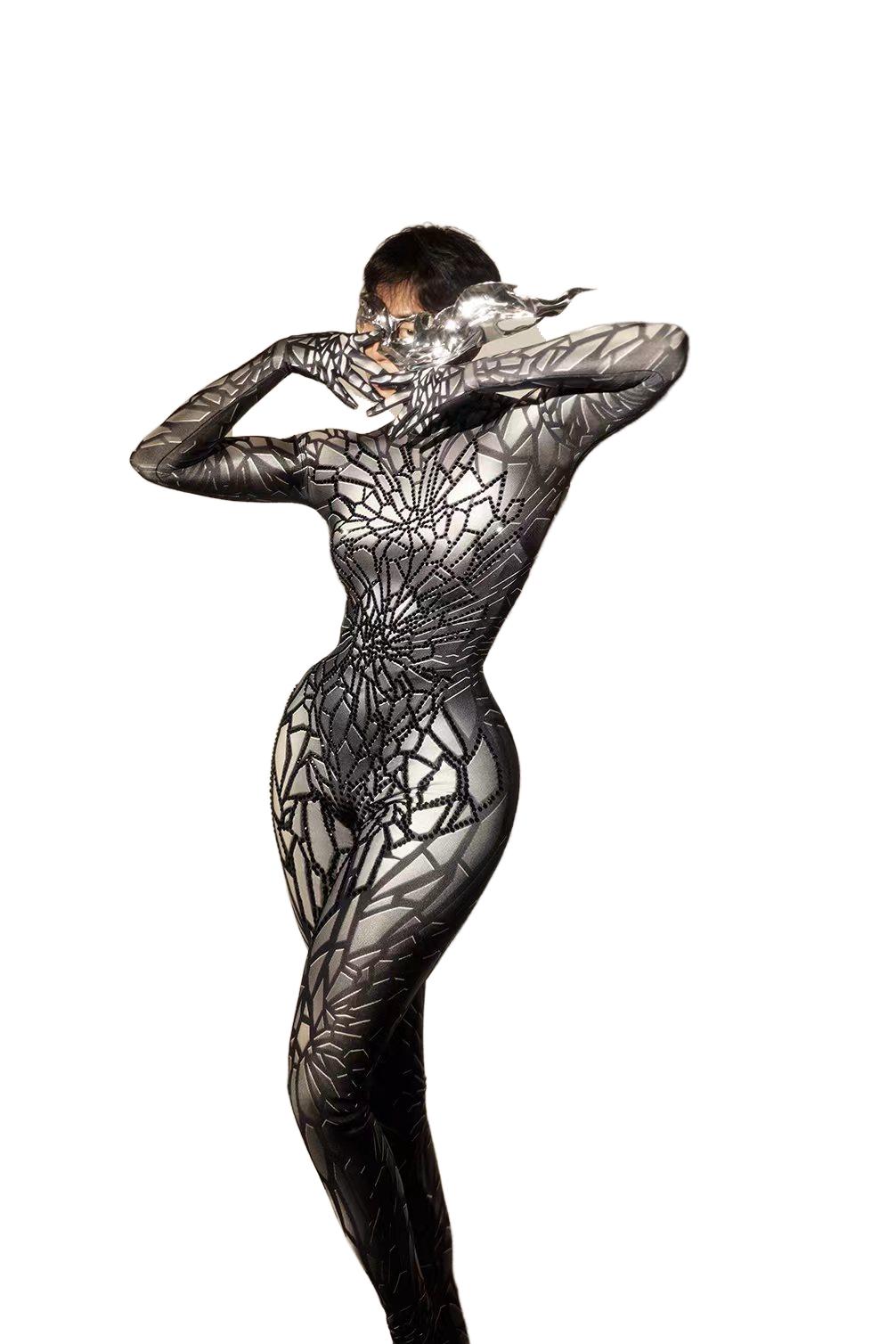 -Grid Pattern Spandex Long Evening Party Dress with Rhinestones - Halloweez