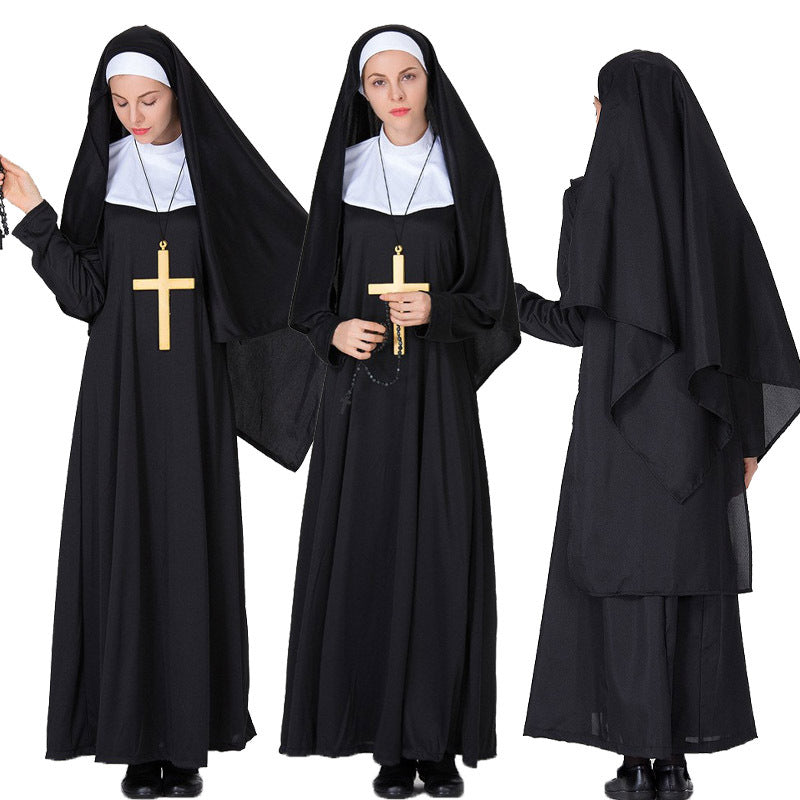 Halloween Medieval Nun Priest Robe COS Costume Virgin Mary Father Wizard Stage Performance Clothing - Halloweez