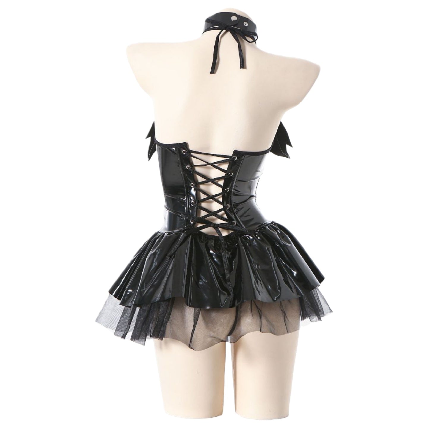 Mirror PU Halter Tie Bat Little Devil Sheer Mini Skirt Cosplay Costume Anime Lolita Goth Outfit - Halloweez