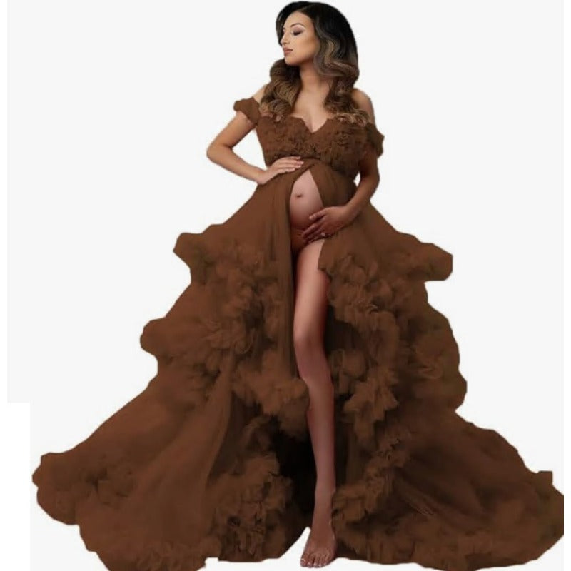 Elegant Maternity Evening Gown Long Robe Off Shoulder Transparent Sexy Bride Pregnancy Chiffon Dress European American Import - Halloweez