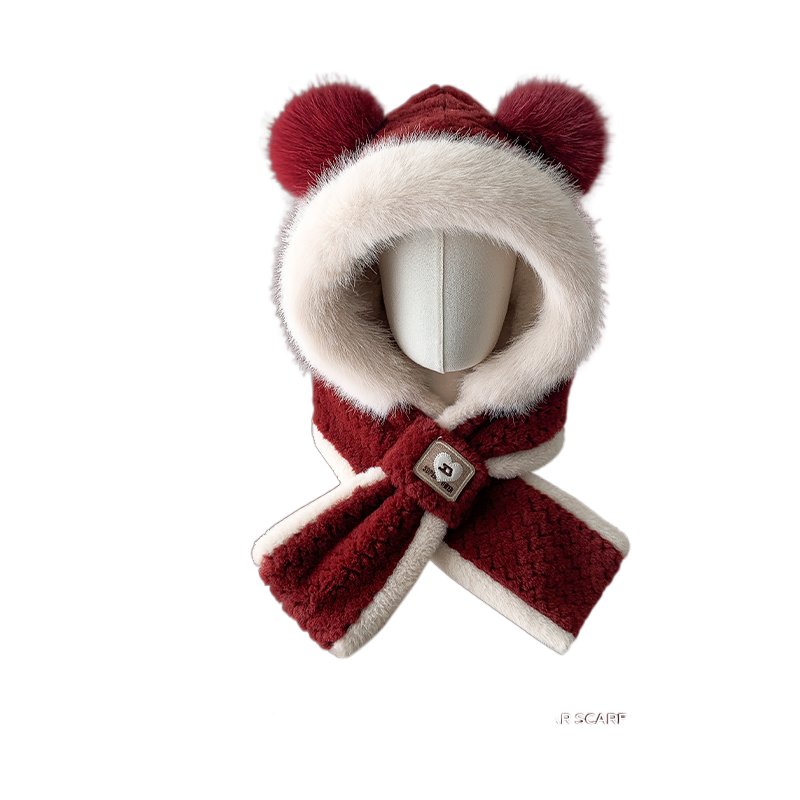 Cute Fox Ears Plush Hat Scarf Combo Winter Thick Warm Riding Ear Protection Unisex Cosplay Costume Accessory - Halloweez