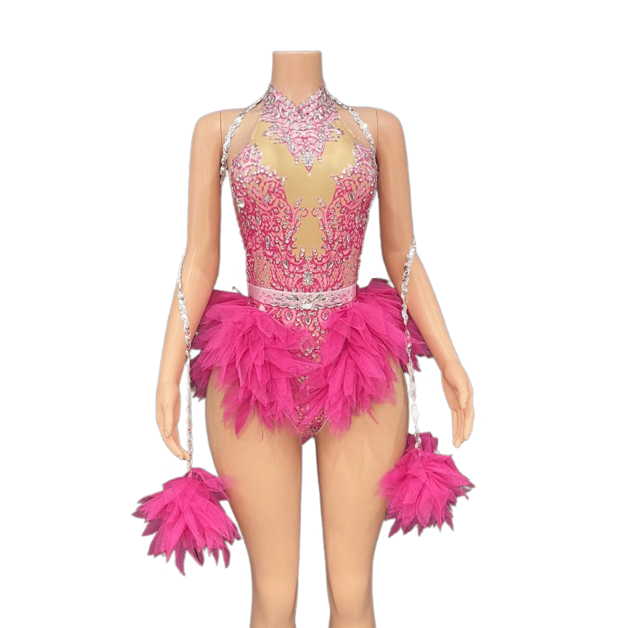 GC Singer Dance Shiny Diamond Stretchy Slim Pink Mesh Bodysuit Stage Performance Costume Women Flash Diamond - Light Green - Halloweez