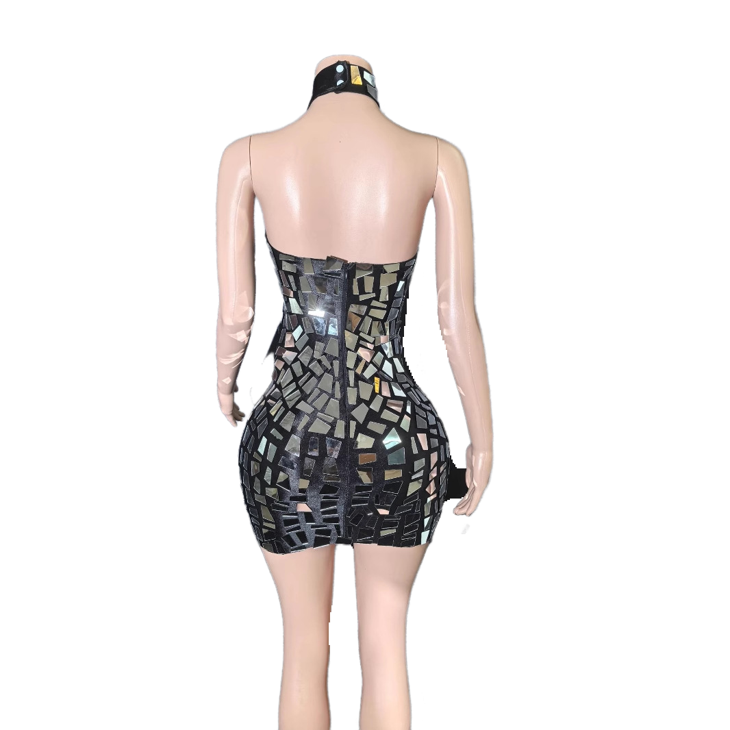 Sexy Reflective Mirror Halter Tube Top Mini Skirt Bodycon Dress for Cosplay Party Clubwear - Halloweez
