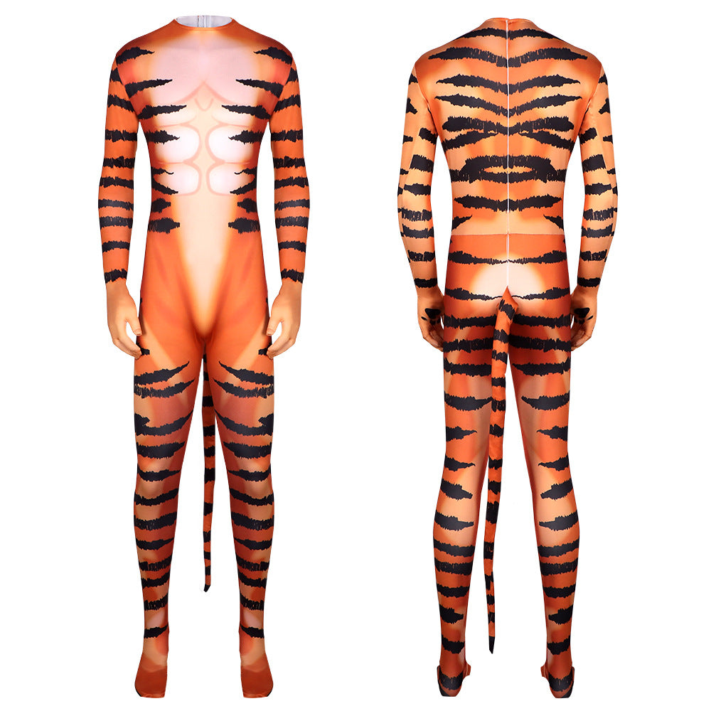 Tiger Pattern Bodysuit Cosplay Stage Performance Costume Halloween Orc Cos Jumpsuit - Halloweez