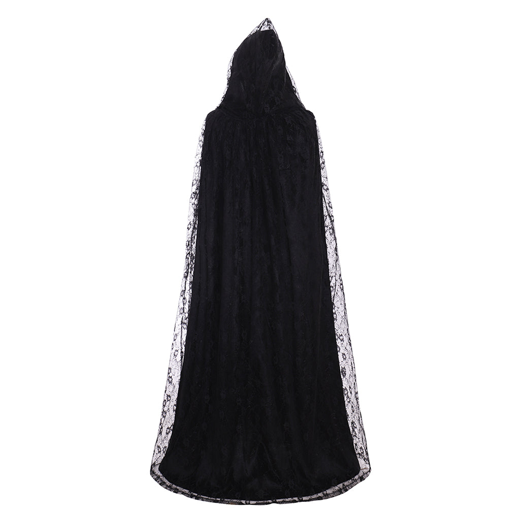 Women's Long Hooded Steampunk Cape - Black Lace Witch Cloak by Halloweez