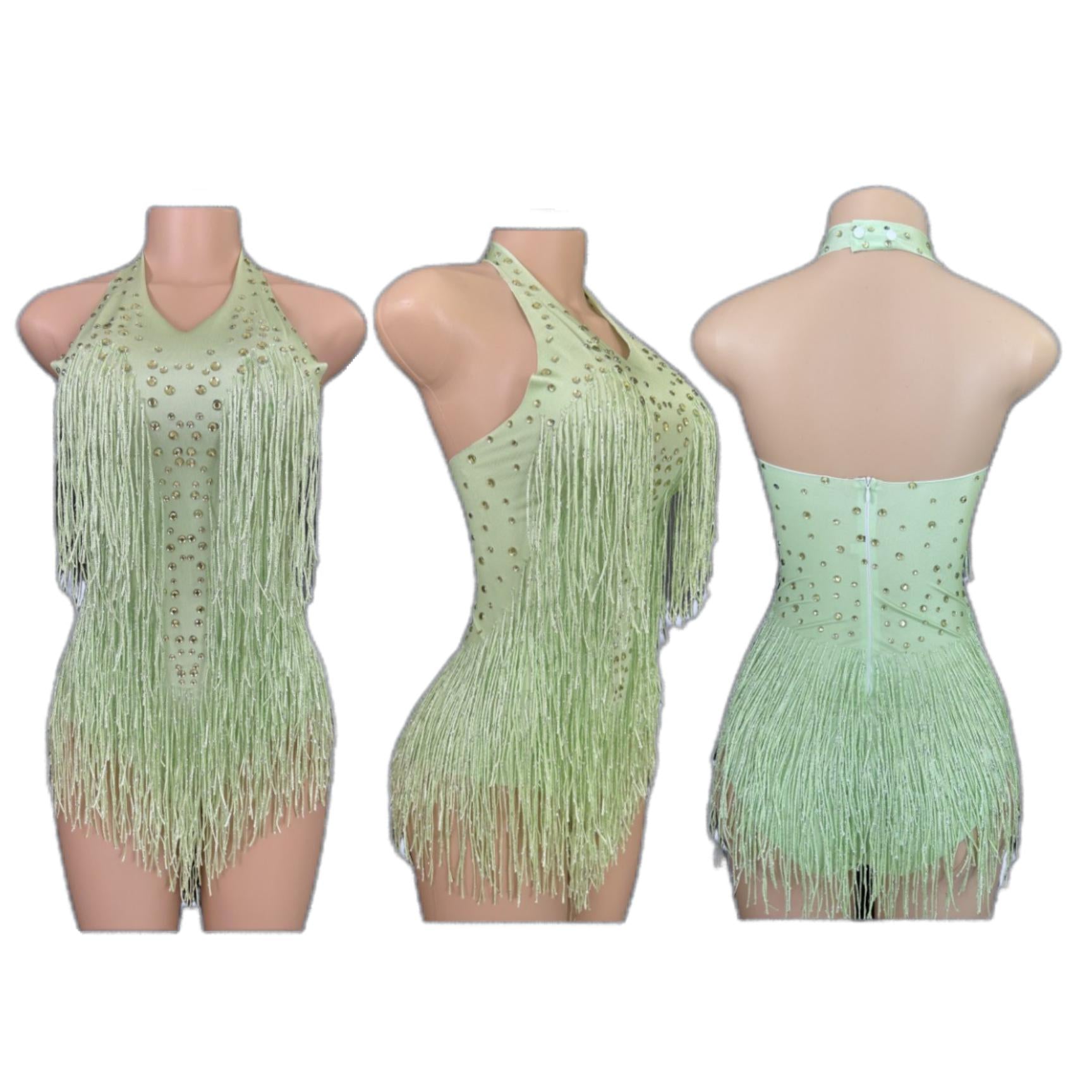 Latin Dance Halter Bodysuit with Fringe and Rhinestones - White Dance Performance Costume for Women - Halloweez