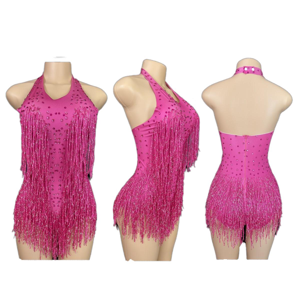 Latin Dance Halter Bodysuit with Fringe and Rhinestones - White Dance Performance Costume for Women - Halloweez