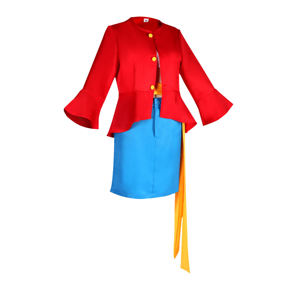 One Piece Two Years Later Straw Hat Luffy Cosplay Costume Gender-Bending Dress with Straw Sandals - Halloweez