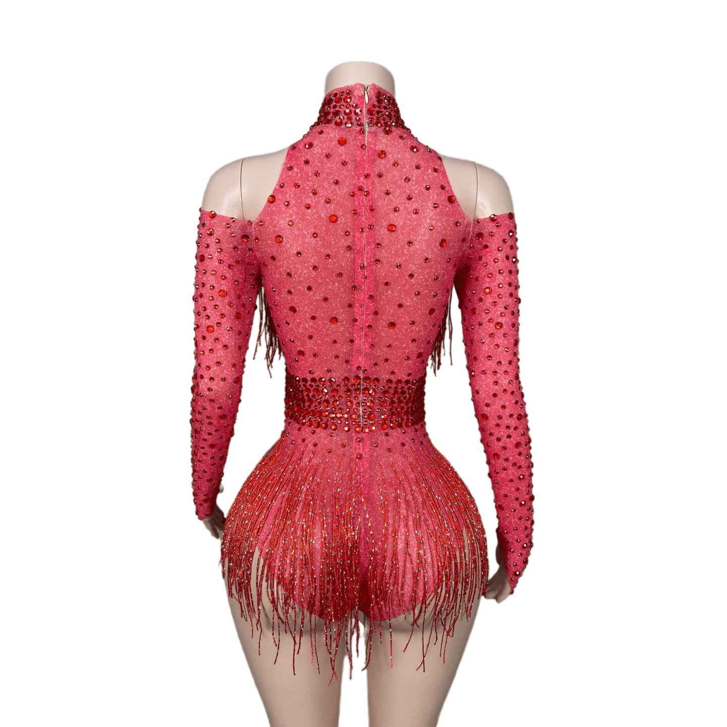 Red Fringe Bodysuit with Diamonds - Sparkling Performance Costume for Female Singers, Dance Teams, Nightclub Shows, and Stage Performances - Halloweez
