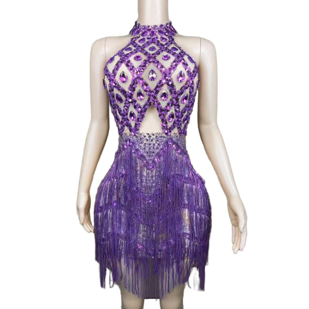 Rhinestone Mesh Hollow Sequin Fringe Dress - Silver Performance Costume for Party, Cosplay, Evening Gala - Halloweez